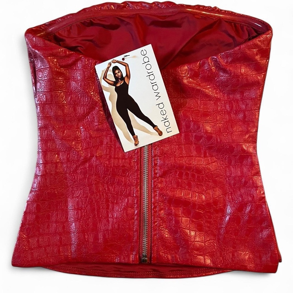 naked wardrobe Red Croc-Embossed Strapless Crop Top